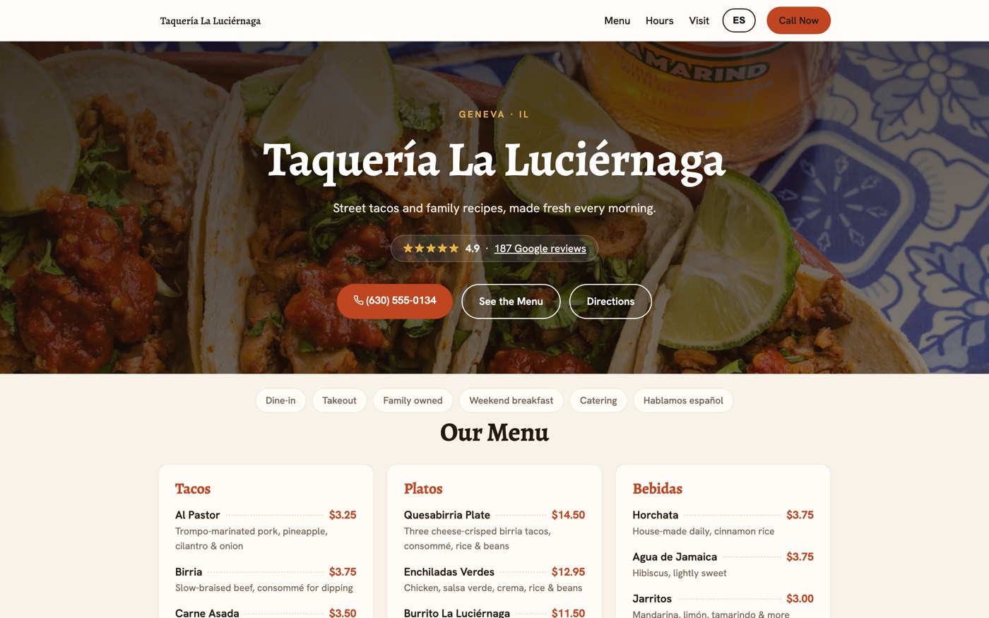 Demo restaurant website on desktop: hero photo of street tacos, menu with prices, call button