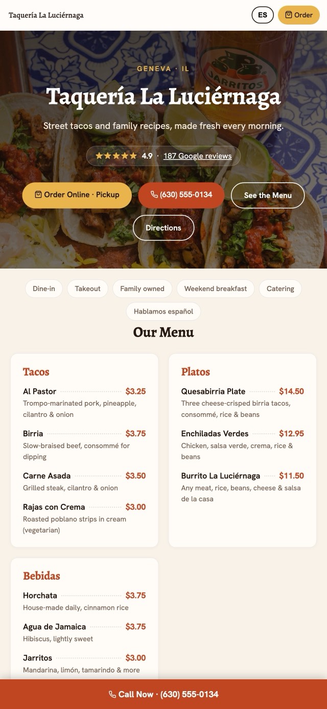 A demo restaurant website open on a phone: hero food photo, full menu with prices, and an online-ordering button