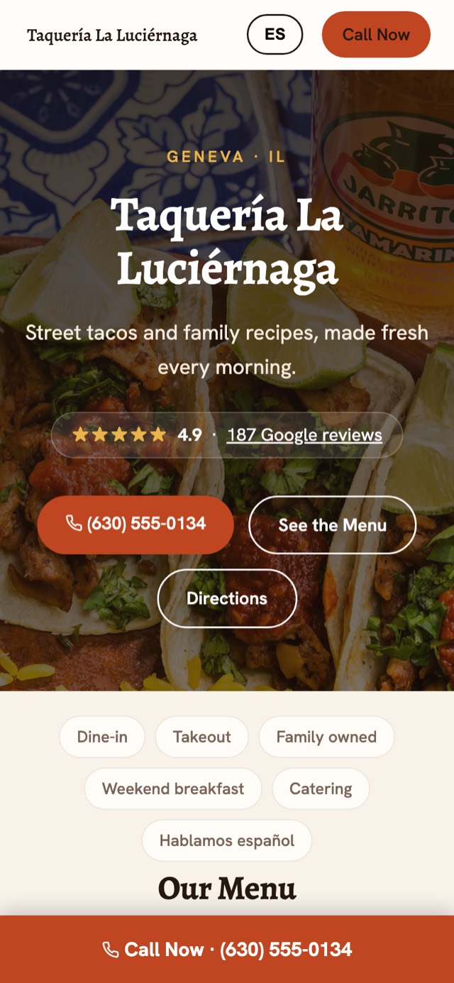 The same demo restaurant website on a phone, with a fixed call button at the bottom